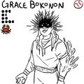 An uncolored line drawing of Grace Bokonon with their team, stats, and position displayed above. Grace is a supposedly middle aged person who looks much younger. The top of their head appears to radiate shadows in an urchin or dark sun-like pattern, with only their eyes visible. They wear a short-sleeved hoodie over muscular arms with chitin floating around the elbows, and grin a mean grin as they hold a blaseball in one hand.