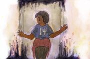 A combination digital and watercolor art piece of Jaylen Hotdogfingers with the viewpoint behind her. Jaylen is a dark-skinned Latina woman with curly short hair in an undercut. She has on a blue jersey that reads “14”, a red flannel around her waist, and black pants. She is opening what appear to be two double doors, but the setting she is in is vaguely abstract, with shadows dripping from the top and bottom of the frame. She is glowing slightly.