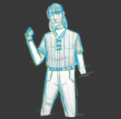 A digital drawing of Agan Harrison, wavering in and out of sight, holding a baseball.