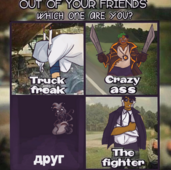A selection of Sunbeams players drawn over the \"Out of your friends which one are you\?" meme with Paula Reddick as the truck freak, Kaj Statter Jr. as the crazy ass, Phineas Wormthrice as the друг, and Jayden Wright as the fighter.