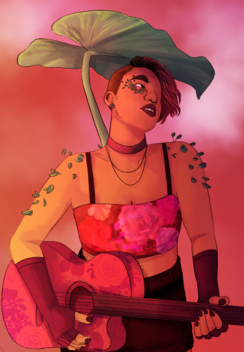 A drawing of Azucena Santana, a person with short, dark hair dyed pink, styled with a sidecut. She has leaves covering her shoulders, upper arms, and below her eye, with a large leaf connected to her back hovering over her head. She is wearing a floral top, black pants, and purple fingerless gloves. She is holding a guitar with a floral design.
