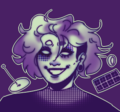 A monochromatic purple drawing of Bootleg, who has a shaggy head of chin-length fluffy hair with an undercut, blank white eyes with heavy asymmetrical eyeshadow, and ear gauges. Bootleg smiles widely, and behind are a collection of objects used in circus.