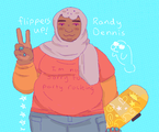 A drawing of Randy Dennis from Blaseball. She is a fat woman wearing a manatee hijab. She is flipping a peace sign with one hand and holding her skateboard in the other. He shirt reads: Im not sorry for party rocking.