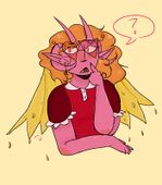A drawing of Hellmouth Sunbeams player Harriet Gildehaus. Harriet is a demon with pink skin, long pointy ears, one set of long pointy horns, another set of curled goats horns, shoulder length orange hair, golden fangs, golden bat wings that are dripping like liquid, and pink eyes with gold-slitted irises. It is wearing red heart shaped glasses with smaller lenses attached, dangling star earrings, and a bright red blouse. It is looking off to the side posing as if it is thinking with a speech bubble with a question mark next to it. The background is plain yellow.
