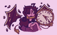 A digital drawing of Harriet Gildehaus, a demon with light pink skin, molten gold wings, a metal jaw, and a tail attached to a large clock face with the point of it as one of the hands. Their brown hair is pulled back in a low ponytail using a black ribbon, and one of their hands is brought up to their chest.