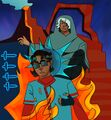 A digital drawing of Paula Reddick and Forrest Bookbaby depicting hir death and his incineration. Paula is a ghost with brown skin and silver-gray hair wearing a dull teal shroud, shi looks distressed. Behind hir is an erupting volcano and formations of desert rock. Forrest is a man with dark hair with a teal highlight, wearing sunglasses, a teal and red uniform, and blue colored hearing aids. He is engulfed in flames, and behind him is the solar eclipse symbol and a checkered pattern reminiscent of the Hall of Flame with a pattern of four swords on top of it.