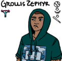 A digital drawing of Grollis, a black japanese person wearing a short-sleeved hoodie with an image of Balrog from Cave Story printed on the front. Ze is looking to the side with a frown.