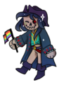 A small digital drawing of Jan, a skeleton wearing pirate clothes and a Georgias jersey, and holding a Pride flag with a smile.