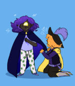 Lars Taylor next to Miguel James. Lars is standing wearing pajamas and a dark blue cape with a starry interior. Miguel is knelled next to Lars and is sewing the cape while dressed in an elaborate black, purple, and yellow ren faire costume including a brown hat with a large purple feather. Lars is looking down at Miguel who is smiling up at him.