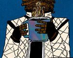 A digital drawing of Scorpler holding a big cup of coffee. Scorpler is a guy made out of scorpions, and they are wearing a cream-colored jacket with black trim. The coffee cup is blue and shiny and steam is rising from it.