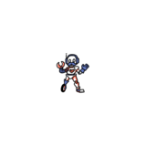 Oll-E Notarobot is a humanoid robot colored in red, blue, and white. He has mismatched robot parts and a mustache.