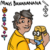 A digital drawing of Mags, a middle-aged lady with short tousled grey hair and a bright yellow buttondown. She is holding a minion plushie as she looks over her shoulder at the camera with a big grin.
