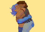 A digital drawing of Betsy and Goodwin hugging. Betsy is a Black nonbinary person with brown curly hair, freckles, and brown skin, and Goodwin is an Indian woman with blue galaxy hair, brown skin and a blue unibrow. Goodwin is picking Betsy up and hugging them.
