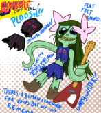 A digital drawing of a stuffed toy version of the swamp monster IRM of Lotus Mango, complete with text advertising the ploosh's features. The stitches on the ploosh are visible, and they have a big sharp-toothed grin. In one corner, the "Lift" part of "Lift official ploosh" is written over to say Garage in big letters. Mango is wearing a tattered Garages uniform, with a tattered Lift uniform to the side with the text "Original uniform!" The flowers in their hair comes with the text "Flat felt flowers," their vine have "Metal wires for noodly vine arm action," and their stuffed model of a triangular electric guitar is a "Lumpy Guitar!" Below the figure is the text, "There's a button somewhere for voices but we can't remember."