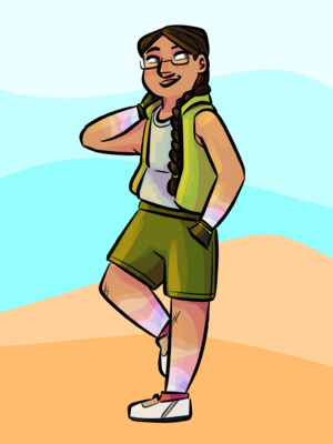 A digital drawing of a Native American person with light brown skin and dark brown hair braided into a single braid over one shoulder. They are wearing a sleeveless vest and shirt, shorts, sneakers and gloves. They are scratching their neck with one hand, and have their other in their shorts pockets. The lower half of their arms and legs are visibly made of different coloured bands of glass, becoming closer to their skin colour at their knees and elbows. They are smiling lightly, and looking to the side, and they wear glasses. The background is sandy yellow at the bottom, with shades of blue on top resembling a desert and sky.