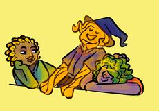 A digital drawing of Zack Sanders, Miguel James, and Lars Taylor. The trio is in front of a flat surface, which Zack is leaning on and Lars is resting his arms and head on. Zack is a person with brown skin, sunflower petals for hair, freckles across her cheeks, and leaf-green arms. She is wearing a simple teal sleeveless shirt and is holding her cheek with one hand while looking at Miguel, a person entirely on fire wearing a blue collared shirt and matching blue wizard hat. Next to Miguel is Lars is an individual with purple skin and wavy green hair filled with tiny glittering stars. He is wearing an orange t-shirt and is resting his face on his folded arm.