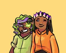 A digital drawing of Kaj Statter Jr. and Jayden Wright. Kaj is a brown skinned Māori individual who wears glasses and has wavy green hair with purple streaks. Sea is wearing a short-sleeved green dress shirt and lifting up seas eyepatch to reveal one glowing green eye while leaning on Jayden slightly. Jayden is a medium-brown skinned woman with shoulder-length brown hair and bone spikes around her forehead. She is wearing a long-sleeved orange dress shirt and is winking while she smiles.