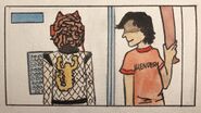 A watercolor drawing of Tillman Henderson about to hit Scorpler with a bat in an elevator. Tillman is a man with pale skin and black messy hair, wearing an orange jersey that reads HENDERSON. Scorpler is a guy made out of scorpions wearing a cream and black jacket with a gold scorpion patch on it.