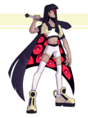 A digital drawing of Hellmouth Sunbeams player Nagomi Nava. She's a Japanese woman who has a black entity with a cluster of red eyes where her left eye would be, and long black hair, of which more red eyes pattern the underside. She's wearing a crop-top Sunbeams uniform with shorts, yellow sneakers with a sun emblem on the side, and over-the-knee white socks. She's resting a blaseball bat on her shoulders behind her head.