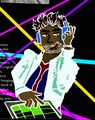 A digital drawing of Dr. Taj Dropper, a Pakistani man with brown skin and black short hair and facial hair. He is in a neon scene making music with a DJ sound pad and is wearing headphones. The colors of the drawing are bright .