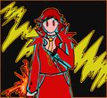A digital drawing of Harmony Henderson. Harmony is a red haired woman with pale skin with crab markings on her face and hands. She is wearing a red pantsuit with pointy shoulder pads with spikes all over them. She is holding up a golden medallion and her face is stylized to just be two angry red eyes. There is a distorted lightning bolt in the background.