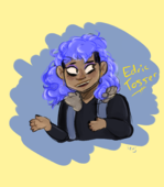 A digital drawing of the Blaseball character Edric Tosser. Edric is a person with light brown skin, curly shoulder length dyed blue hair with the sides shaved, and dark brown eyes. Edric is wearing a blue vest with brown fur collar, a long sleeve black shirt, and has painted black nails. Edric is wearing purple eye shadow and has a gold nose piercing and various gold earrings. The background is yellow with a blue scribble shape behind Edric with their name written in yellow next to them.