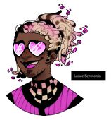 A digital bust drawing of Lance Serotonin, an afro-brazilian man wearing pink heart-shaped glasses. He has dreadlocks made of white candles that are tied up into a messy pony tail. He is smiling a big openmouthed smile as he looks off to one side.