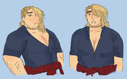 A digital drawing of Allison Abbott, a fat butch woman with pale skin and a blonde mullet. She has piercings and is wearing a red flannel around her waist.