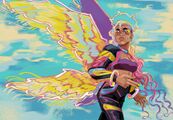 A digital drawing of Jenna Maldonado. Maldonado is a Celestial, with brown skin, four golden wings, six eyes, long blonde hair shaded in pinks and blues, and a spiked halo. Her jacket and pants are black with accents in Dale colors, yellow, pink, and blue, and the background is light blue and white clouds.