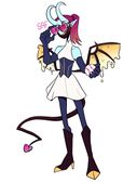 A digital drawing of Harriet Gildehaus, a demon with light blue skin, horns, molten gold wings, a tail ending in a heart-shaped point, and heart-shaped sunglasses. Their pink hair is pulled back in a ponytail, and they're wearing a dark blue corset over a sleeveless white dress, matching dark blue gloves and leggings, and black boots with a golden heel and toe. In one hand they're holding a blaseball, while they adjust their glasses with the other.