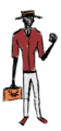 A digital drawing of Jon Halifax, a shadowy figure wearing a gambler hat, a red button-up with the sleeves rolled up, and white pants. He holds a briefcase with an eyecrab logo.