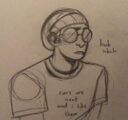 A pencil drawing of Engine. He is wearing a pair of round sunglasses, a beanie, and a t-shirt that says "cars are neat and I like them." He has an expression of concern on his face, and the text beside him reads "huh whuh."