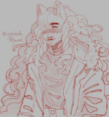 A waist-up sketch of Alaynabella Hollywood. Layna has thick curly hair that hangs over her right eye and reaches well past her waist, and two fluffy wolf ears sit on top of her head. Stubble dots her jawline and sharp teeth poke out of her mouth. She's wearing a bulky coat over a plain shirt, and is slightly blushing.