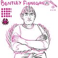 An microphone-pink line drawing of Bentley Finnegan with their team, stats, and position displayed above. Bentley is a fat middle aged Indian man with gills, light clownfish markings, and spiny fins along his arms and ears. A crownlike carcinization sprouts from his forehead, and he wears a sleeveless shirt, a beanie, and has a hoodie tied around his waist. He crosses his arms as he looks out past the viewer with a frown that's on the verge of twisting up into a smirk.