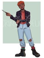 Art of Betsy Trombone, a Black nonbinary person with orange-dyed curly hair. They are wearing a black leather jacket and ripped blue jeans, and holding a switchblade.