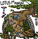 Digital drawing of LOTUS, a stocky rusted robot with a tree growing out the top and roots and foliage protruding at random points on the chassis. Her tree is full of windchimes, and she has two stickers on her body: a Lift arrow, and a Garages guitar.
