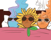 A digital drawing of Hellmouth Sunbeams players Iggy Delacruz, Zack Sanders, & Miguel James wearing sunglasses and vibing together.