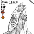 An uncolored line drawing of Dimi Leech with her team, stats, and position displayed above. Dimi is a carcinized 9-banded armadillo with tusks, chitinous back plating, and crab claw-like arms. She wears a hooded cape with the Firefighters fire diamond as the clasp, and holds a plastic toy shovel.