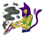 A digital drawing of Yummy Elliott from the waist up depicted as a person with multiple mouths, purple hair, cat ears, and a cat tail. She is wearing a green Tacos crop top and is cooking something in a frying pan.