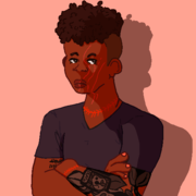 A digital drawing of Jaylen Hotdogfingers, a black woman with an undercut, standing with her arms crossed. She has scars on her face and blaseball seams around her wrists and her neck. she has a tattoo sleeve on her left art, made up of grey leaves centralising around a death tarot card. On her right arm there is a tattoo of tally marks representing the number 14.
