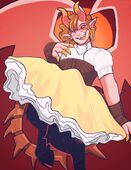 A digital drawing of Harriet Gildehaus, a demon with horns, pointed ears, sharp teeth, wings, cloven hooves, and a clockwork tail. They are wearing a brown leather corset over a white shirt, a layered yellow frilled skirt, and pink heart-shaped glasses. Their golden hair is pulled back to the side a low messy bun, and they're smiling, poking their tongue out a bit.