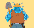 A drawing of Goobie Ballson from Blaseball, He is a fat man with bear ears who is made of blue slime and his eyes are always obscured. The image is a waist up drawing of him in a Smokey the Bear “Only You Can Prevent Wildfires” pose and outfit.