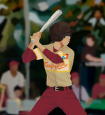image description: The first image is a drawing of Justice Spoon. They are posed to bat and is wearing a baseball helmet. She is wearing the home game Firefighters uniform, which is mainly a brown-tan color with white/yellow safety stripes on the sleeves and the chest region on the front of the shirt. ‘Firefighters’ is written in curly cursive across the front of the jersey in a slant, and the jersey is tucked into a pair of maroon pants. They are also wearing a maroon long-sleeved undershirt beneath the jersey and has a blindfold over her eyes. /end image description
