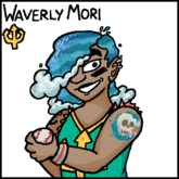 Digital artwork of Waverly Mori. Waverly is a muscular Japanese person with water for hair, running down the right side of cir face and covering cir eye. Ci has thick eyebrows, eyeblack under cir eyes, and piercings on cir right ear. Ci is wearing a Georgias jersey with the sleeves ripped off, and a wristband on cir left hand. Ci is holding a blaseball in cir left hand, and has a tattoo of a skull caught in a tidal wave on cir left hand. Cir left arm, which is facing away from the viewer, has a tattoo of an anchor barely in view.