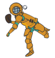 A digital drawing of Triumphant, an orange diving suit with a trident insignia on the chest and bright blue accents at the joints. They are pitching a ball toward the viewer, with one foot off the ground and the ball in mid-air.