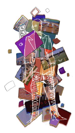 A digital drawing of Odysseus Nobody, a humanoid figure wearing lace up thigh high boots, and a jacket. They are just an outline. The background is made up of a collage of images, outlining Nobody's form, showing various buildings, the front page of a Moab News paper, a sports field, a street sign, a classroom, among other things. Nobody has one eye, and there are other eyes scattered on the darker images. Nobody appears to be looking at the viewer.