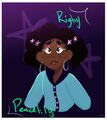 A bust only drawing of Miami Dale player Rigby Peacelily. Rigby is a Black person with medium brown skin and a dark brown afro. She is wearing a neon blue shirt with a dark purple collar and bright pink buttons, large silver hoop earrings, bright pink eyeshadow, and long bright green eyeliner. Rigby is looking up off screen. Behind her are neon stars and her name written neon green. The background is a dark purple to light purple ombre.