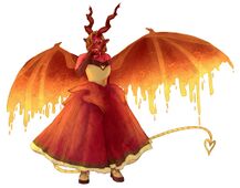 A drawing of Harriet Gildehaus wiping gold blood from her mouth. She is a demon wearing a tan, brown, and red dress with brown fingerless gloves. Two red horns spiral from its head and red bat-like wings dripping gold stretch out behind it. They have a golden metal tail as well as gold heart-shaped glasses.