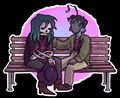 A digital drawing of Canberra and O'Lantern sitting on a bench together. Canberra is a skeleton with seaweed hair and a Lift uniform. O'Lantern is a grey bioluminescent anglerfish person wearing a green surplus jacket, Lift crop top, and high-waisted pants. Canberra is holding a tricorner hat in her hands, dejected, as she looks at the ground, while O'Lantern is facing towards her and patting her shoulder with a caring look on eir face.