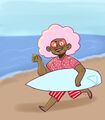 A digital drawing of Karato Bean. Karato is a black person with light skin, a large pink afro, short facial hair, and dark brown eyes. He is wearing a pink button up shirt with white hearts on it, red shorts with white stripes, round red tinted glasses, and blue flip flops. Xe is on a beach holding a blue surfboard and smiling and waving at the viewer while running towards the ocean.
